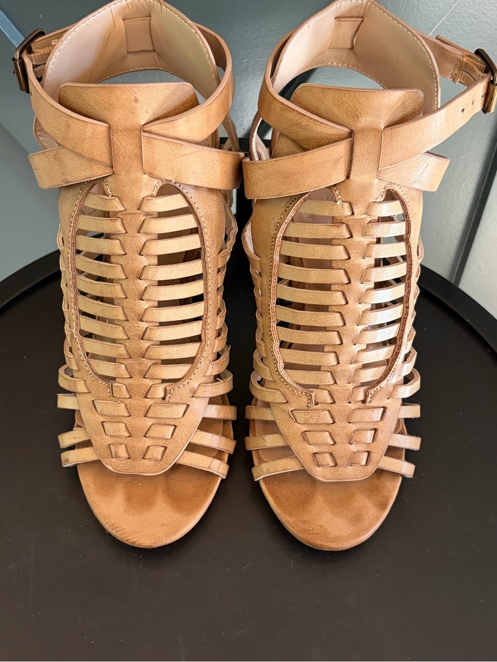 BAMBOO Woven Strappy Tan High Heel Sandals